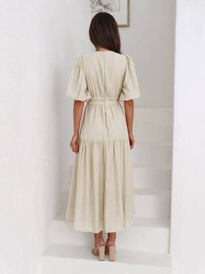 Robe Midi Avec Encolure En V Et Manches Bouffantes Pour Femme | Idéale Pour Le Quotidien Et Les Sorties