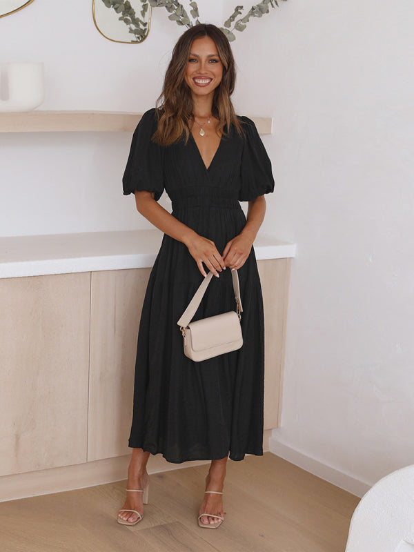 Robe Midi Avec Encolure En V Et Manches Bouffantes Pour Femme | Idéale Pour Le Quotidien Et Les Sorties