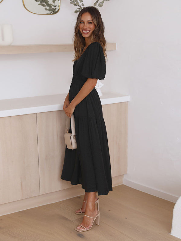 Robe Midi Avec Encolure En V Et Manches Bouffantes Pour Femme | Idéale Pour Le Quotidien Et Les Sorties