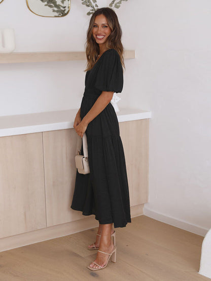 Robe Midi Avec Encolure En V Et Manches Bouffantes Pour Femme | Idéale Pour Le Quotidien Et Les Sorties