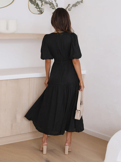 Robe Midi Avec Encolure En V Et Manches Bouffantes Pour Femme | Idéale Pour Le Quotidien Et Les Sorties