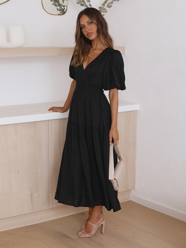 Robe Midi Avec Encolure En V Et Manches Bouffantes Pour Femme | Idéale Pour Le Quotidien Et Les Sorties