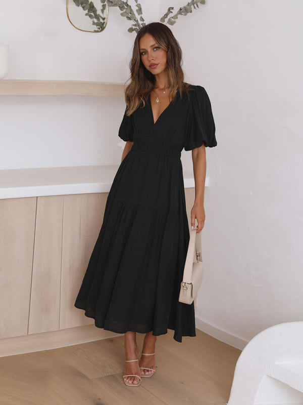 Robe Midi Avec Encolure En V Et Manches Bouffantes Pour Femme | Idéale Pour Le Quotidien Et Les Sorties