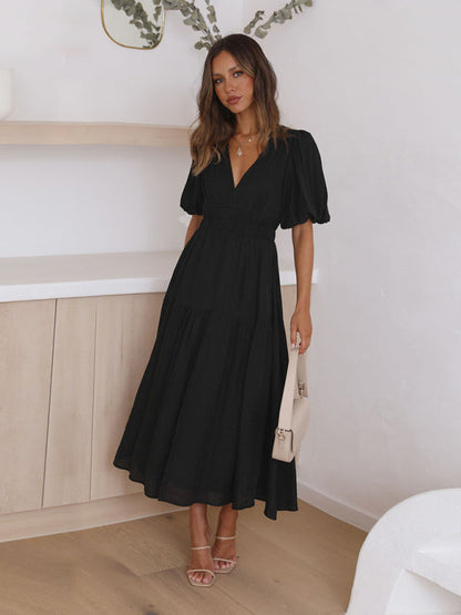 Robe Midi Avec Encolure En V Et Manches Bouffantes Pour Femme | Idéale Pour Le Quotidien Et Les Sorties