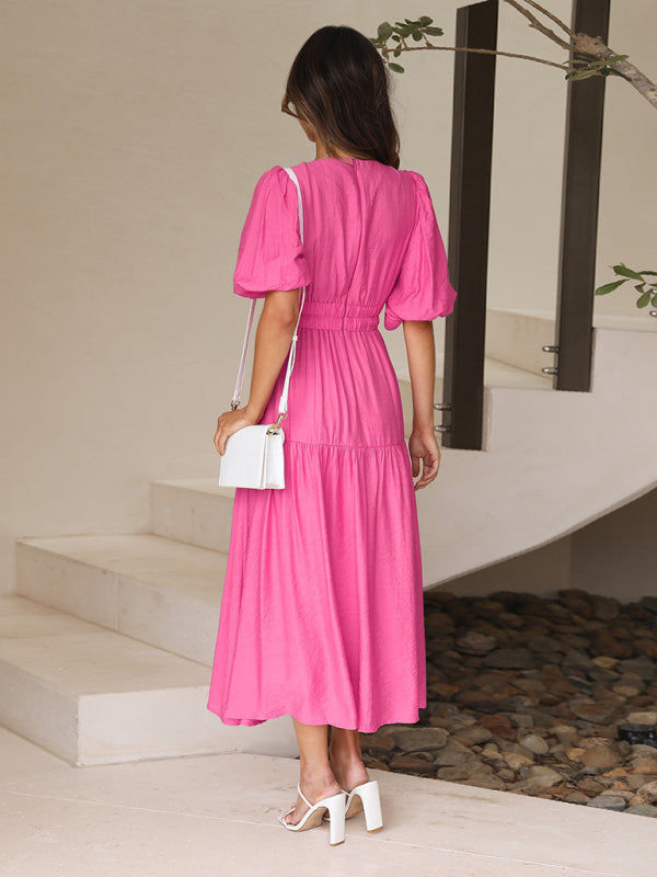 Robe Midi Avec Encolure En V Et Manches Bouffantes Pour Femme | Idéale Pour Le Quotidien Et Les Sorties