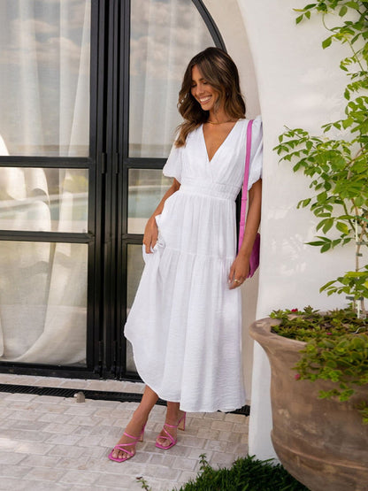 Robe Midi À Encolure V Avec Manches Bouffantes Pour Femme | Idéal Pour Usage Quotidien