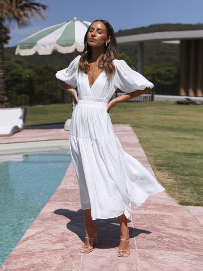 Robe Midi Avec Encolure En V Et Manches Bouffantes Pour Femme | Idéale Pour Le Quotidien Et Les Sorties