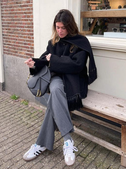 Manteau Long avec Écharpe à Franges pour Femme | Idéal pour l’Automne et l’Hiver