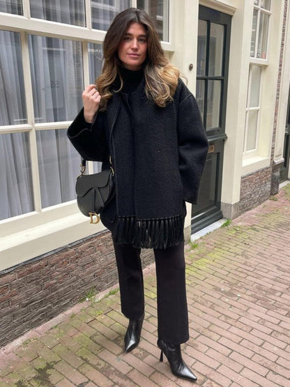 Manteau Long avec Écharpe à Franges pour Femme | Idéal pour l’Automne et l’Hiver
