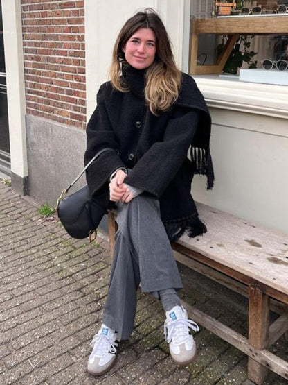 Manteau Long avec Écharpe à Franges pour Femme | Idéal pour l’Automne et l’Hiver