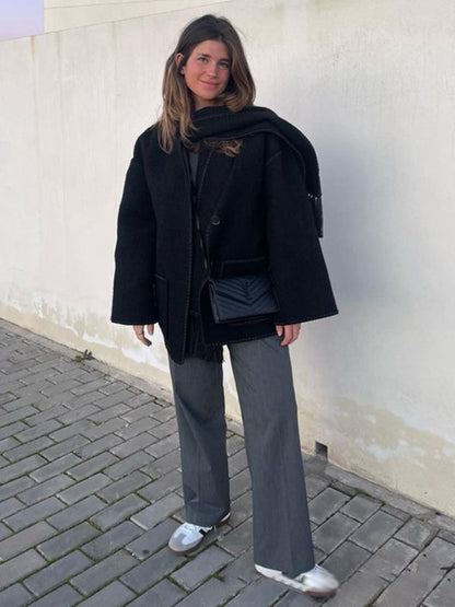Manteau Long avec Écharpe à Franges pour Femme | Idéal pour l’Automne et l’Hiver