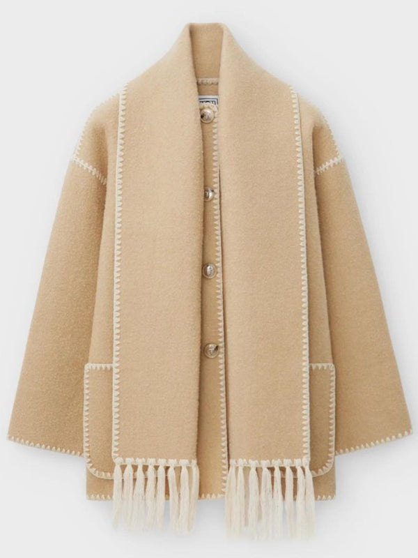 Manteau Long avec Écharpe à Franges pour Femme | Idéal pour l’Automne et l’Hiver