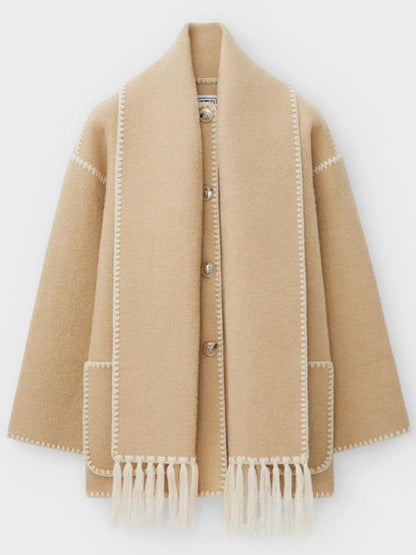 Manteau Long avec Écharpe à Franges pour Femme | Idéal pour l’Automne et l’Hiver