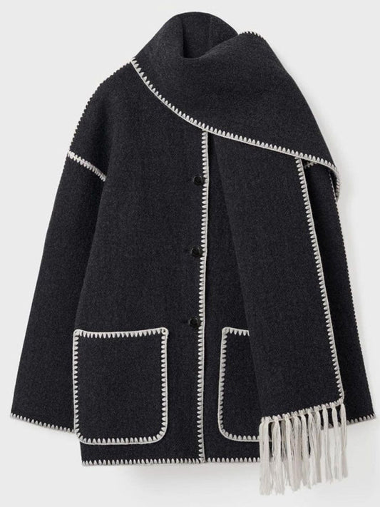Manteau Long avec Écharpe à Franges pour Femme | Idéal pour l’Automne et l’Hiver