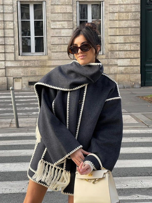 Manteau Long avec Écharpe à Franges pour Femme | Idéal pour l’Automne et l’Hiver