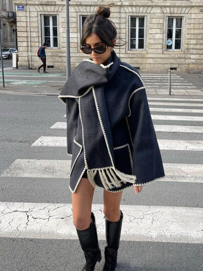 Manteau Long avec Écharpe à Franges pour Femme | Idéal pour l’Automne et l’Hiver