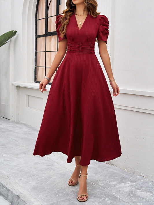 Robe Midi À Col En V Avec Taille Froncée Pour Femme | Idéale Pour Les Événements En Journée Et Occasions