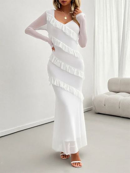 Robe Longue À Volants Avec Col En V Et Manches Longues Pour Femmes | Adaptée Aux Soirées Et Événements