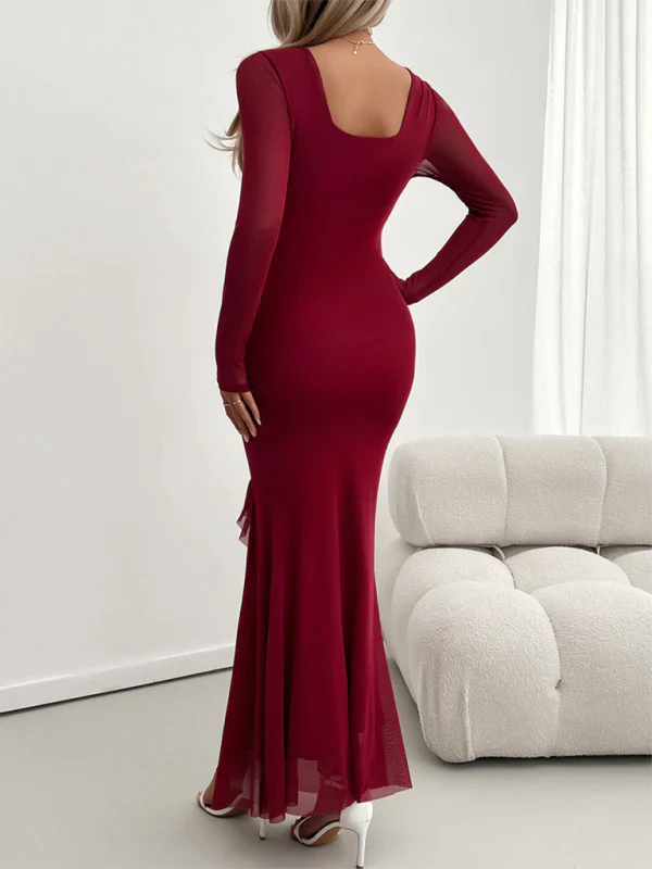 Robe Longue À Volants Avec Col En V Et Manches Longues Pour Femmes | Adaptée Aux Soirées Et Événements
