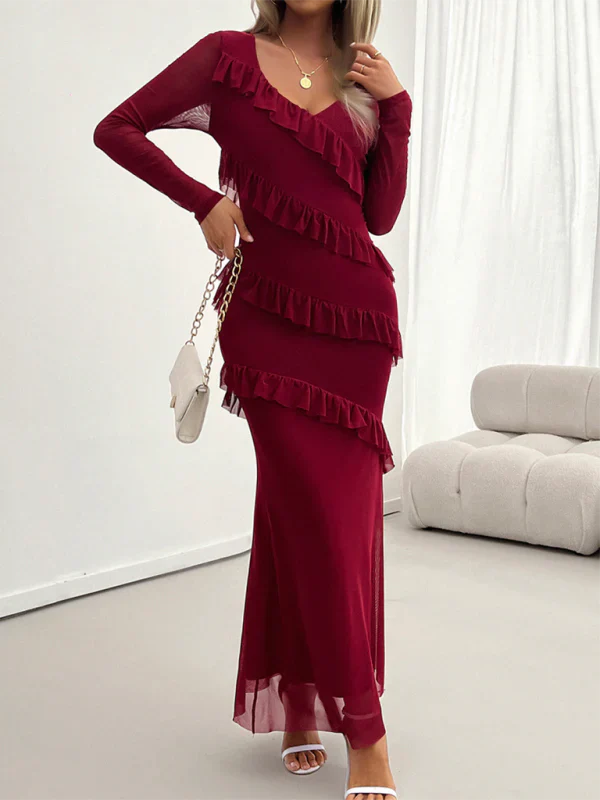 Robe Longue À Volants Avec Col En V Et Manches Longues Pour Femmes | Adaptée Aux Soirées Et Événements