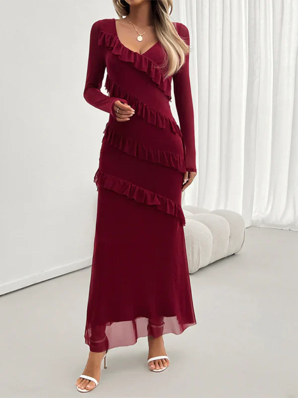 Robe Longue À Volants Avec Col En V Et Manches Longues Pour Femmes | Adaptée Aux Soirées Et Événements