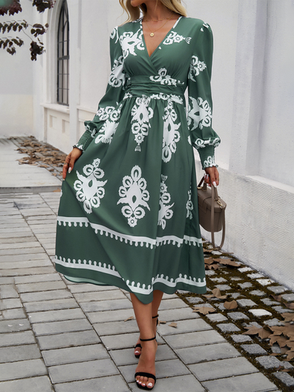 Robe Midi À Imprimé Noir Et Blanc Avec Manches Bouffantes Et Taille Cintrée Pour Femmes | Adaptée Aux Tenues Quotidiennes