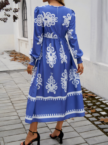 Robe Midi À Imprimé Noir Et Blanc Avec Manches Bouffantes Et Taille Cintrée Pour Femmes | Adaptée Aux Tenues Quotidiennes