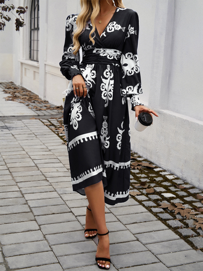 Robe Midi À Imprimé Noir Et Blanc Avec Manches Bouffantes Et Taille Cintrée Pour Femmes | Adaptée Aux Tenues Quotidiennes