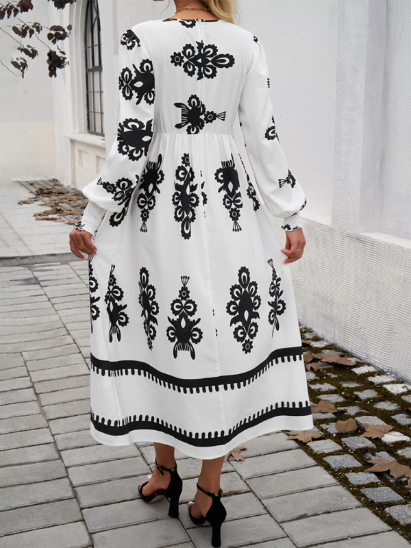 Robe Midi À Imprimé Noir Et Blanc Avec Manches Bouffantes Et Taille Cintrée Pour Femmes | Adaptée Aux Tenues Quotidiennes