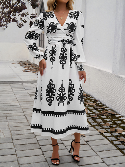 Robe Midi À Imprimé Noir Et Blanc Avec Manches Bouffantes Et Taille Cintrée Pour Femmes | Adaptée Aux Tenues Quotidiennes