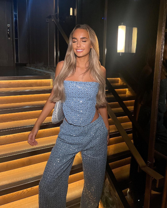 Ensemble Deux Pièces avec Top Sans Bretelles Et Pantalon Droit À Détails Scintillants pour Femme | Idéal pour Les Soirées Et Événements