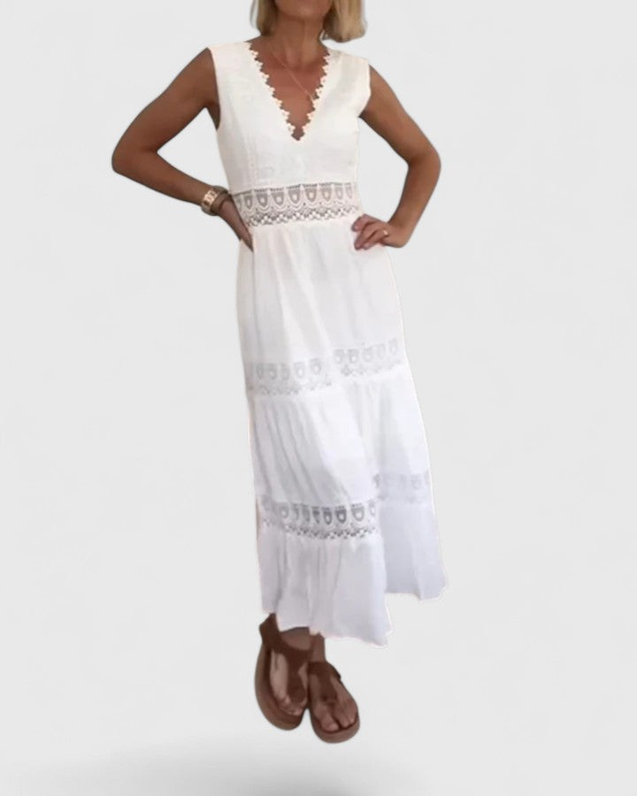 Robe Midi Sans Manches avec Encolure en V et Détails en Dentelle pour Femme | Idéale pour Événements et Occasions Spéciales