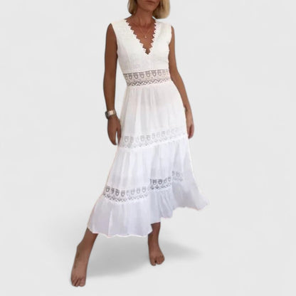 Robe Midi Sans Manches avec Encolure en V et Détails en Dentelle pour Femme | Idéale pour Événements et Occasions Spéciales