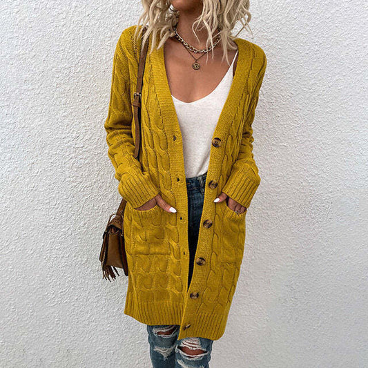 Gilet Long à Maille Torsadée Avec Boutons Pour Femme | Idéal Pour la Saison Hivernale