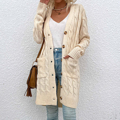 Gilet Long à Maille Torsadée Avec Boutons Pour Femme | Idéal Pour la Saison Hivernale
