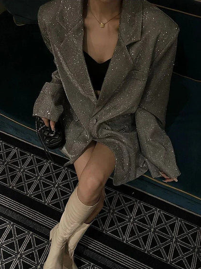 Blazer Long à Coupe Ample avec Finition Scintillante pour Femme | Idéal pour les Événements de Soirée
