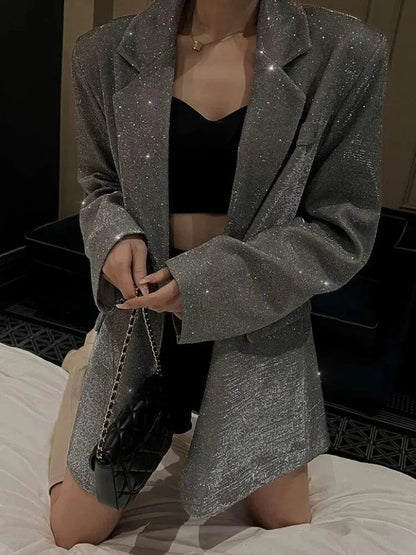 Blazer Long à Coupe Ample avec Finition Scintillante pour Femme | Idéal pour les Événements de Soirée