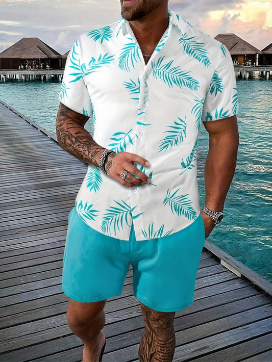Ensemble Estival avec Chemise à Motif Feuilles et Short Beige Coordonné pour Homme | Idéal pour les Activités d’Été