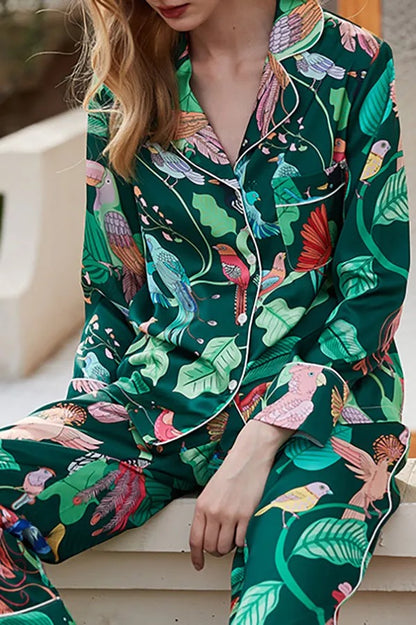 Pyjama Deux Pièces à Imprimé Tropical avec Col à Revers et Manches Longues pour Adulte | Idéal pour la Détente à la Maison