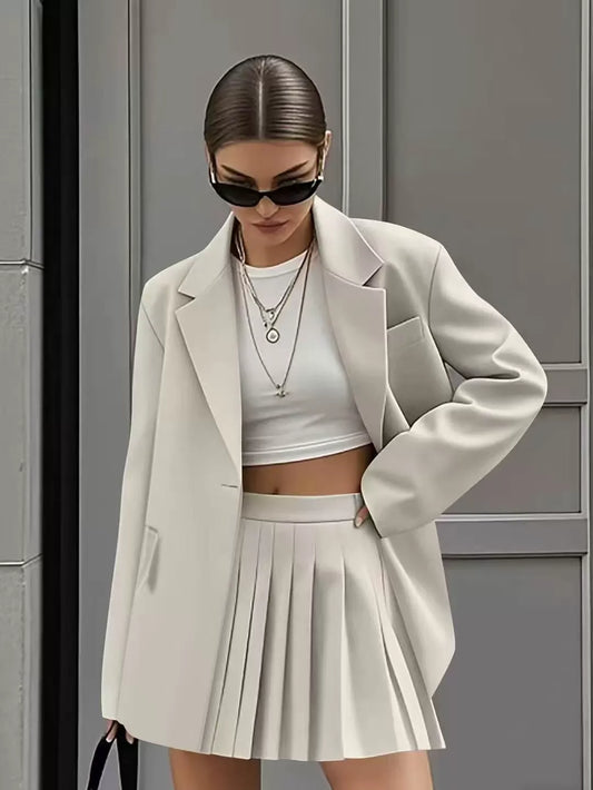 Ensemble avec Blazer Ample Et Jupe Plissée Taille Haute pour Femme | Idéal pour Printemps Et Été