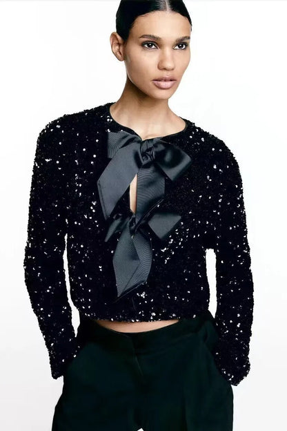 Haut À Sequins Avec Nœuds Décoratifs Et Manches Longues Pour Femmes | Idéal Pour Occasions Spéciales