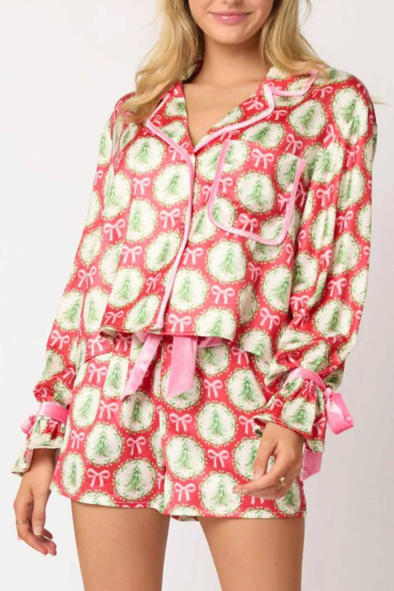 Ensemble Deux Pièces Imprimé Noël avec Col à Revers et Manches Longues pour Adulte | Idéal pour la Période des Fêtes