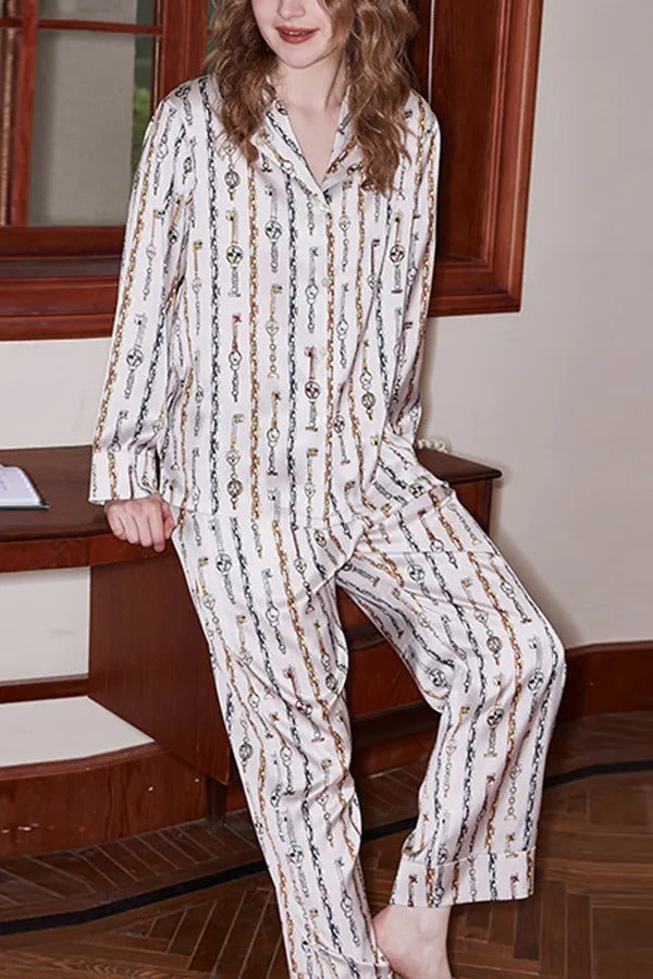 Ensemble De Pyjama Imprimé Chaînes À Manches Longues pour Femmes | Idéal pour la Détente À La Maison