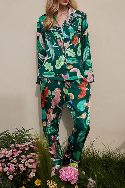 Pyjama Deux Pièces à Imprimé Tropical avec Col à Revers et Manches Longues pour Adulte | Idéal pour la Détente à la Maison