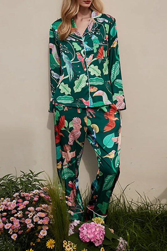 Pyjama Deux Pièces à Imprimé Tropical avec Col à Revers et Manches Longues pour Adulte | Idéal pour la Détente à la Maison