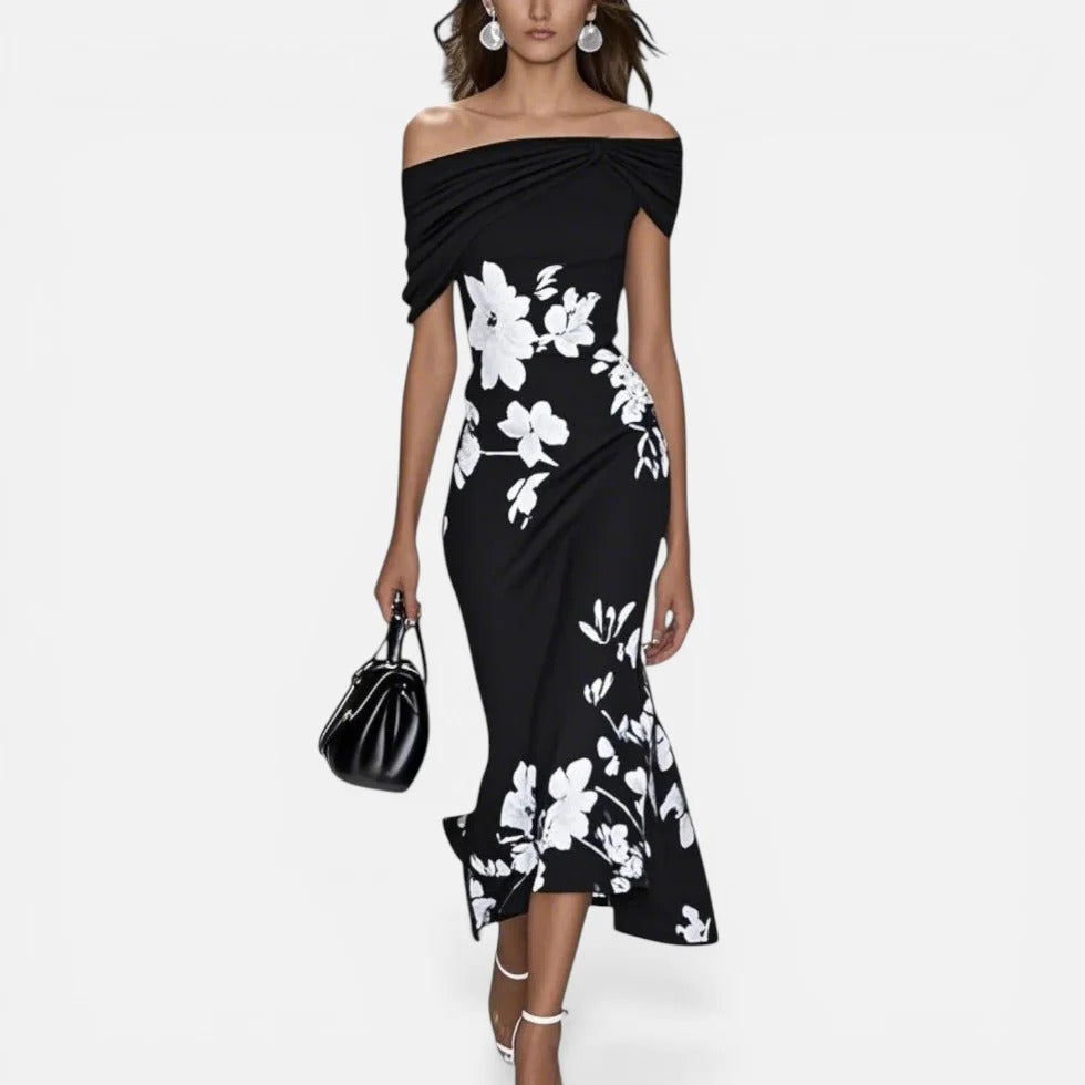 Robe midi fleurie épaules dénudées pour femmes