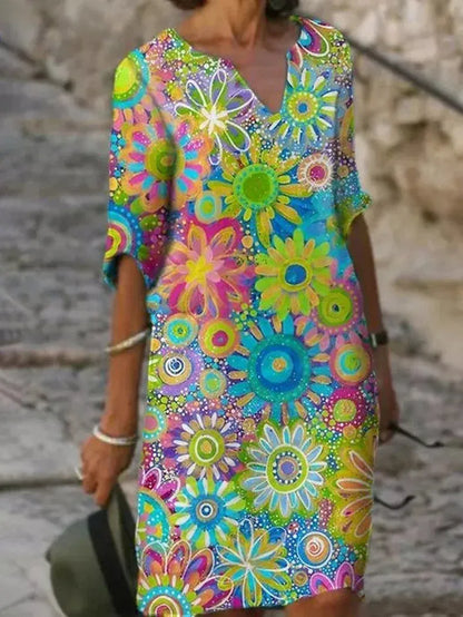 Robe à Fleurs avec Encolure en V pour Femme | Idéale pour les Sorties Printanières