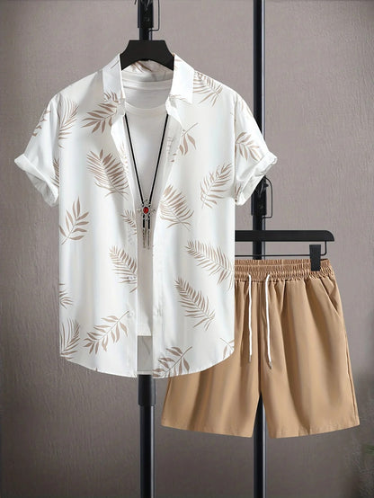 Ensemble Estival avec Chemise à Motif Feuilles et Short Beige Coordonné pour Homme | Idéal pour les Activités d’Été