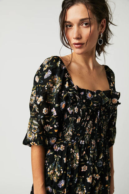 Robe Midi À Imprimé Floral Avec Corsage Smocké Et Manches Longues Pour Femmes | Adaptée Aux Tenues Décontractées