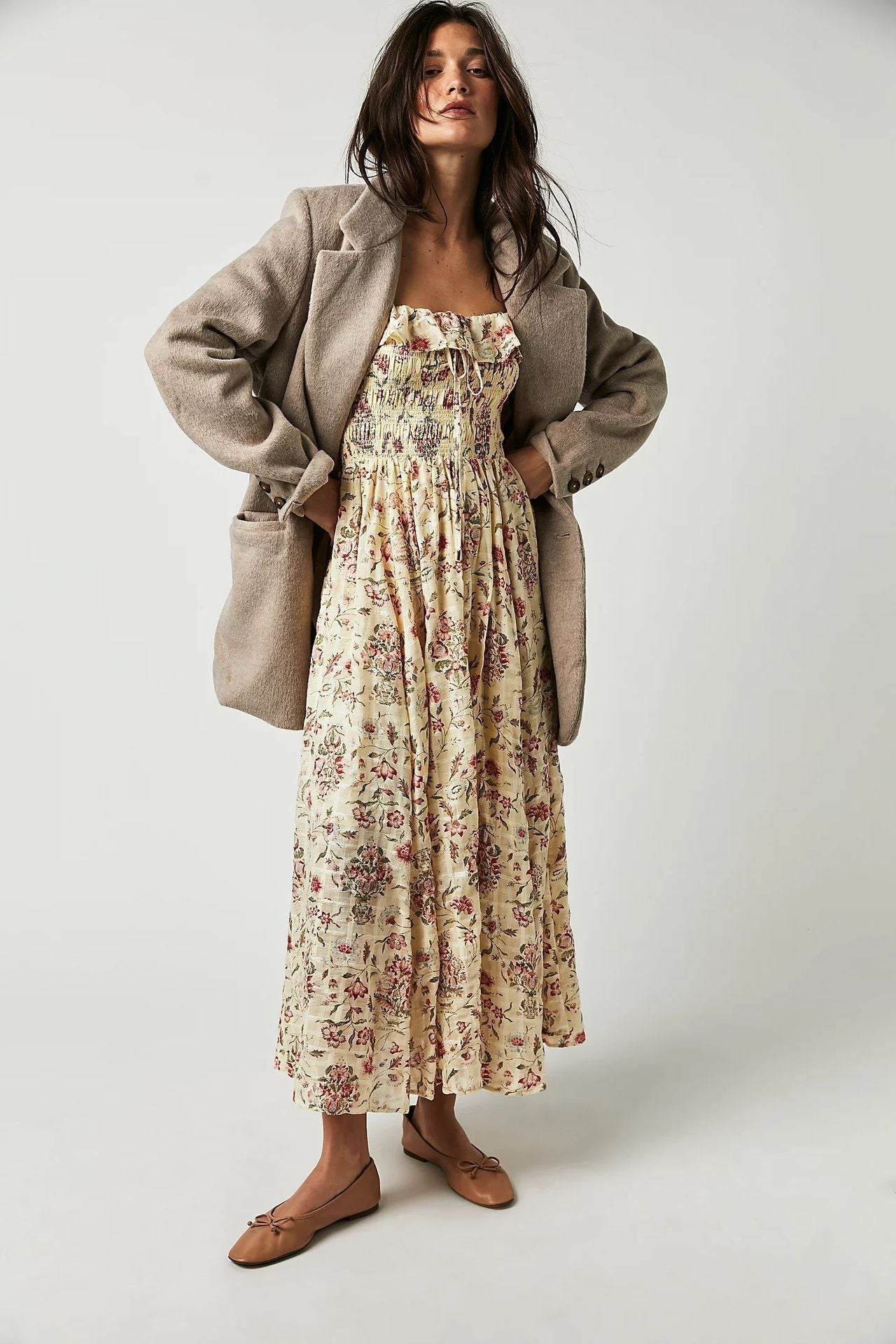 Robe Midi À Imprimé Floral Avec Corsage Smocké Et Manches Longues Pour Femmes | Adaptée Aux Tenues Décontractées